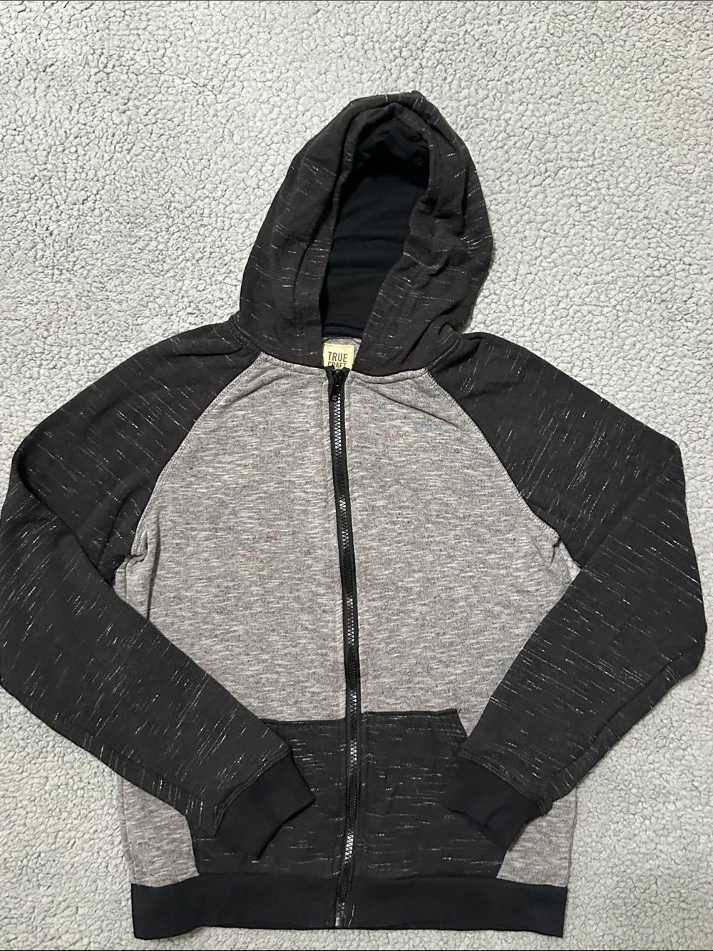 True Craft Boys Gray Black Full Zip Hoodie Jacket Size M 10/12 Colorblock